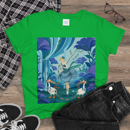 🪶🌺 The Pelican Garden Dance Cotton Tee – Art Deco Botanical Whimsy