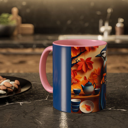 Blue Jay at an Autumn Tea Ceremony Colorful Mugs (11oz, 15oz)