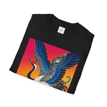 🪽🌅 The Celestial Crane Softstyle T-Shirt – Art Deco Wings Of Elegance