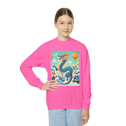 Blue & Gold Dragon Festival Parade Youth Crewneck Sweatshirt – Celebration, Color & Joyful Movement