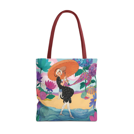☂️🌺 The Lady Of The Seaside Parasol Tote Bag – Art Deco Floral Fashion