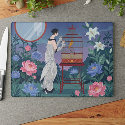 🐦🌸 The Lady Of The Golden Songbird Glass Cutting Board – Art Deco Floral Garden Elegance