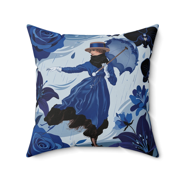 ☔💙 The Blue Rain Promenade Square Pillow – Art Deco Floral Fashion