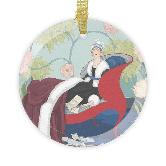 💌🌹 The Lady Of The Scarlet Chaise Glass Ornament – Art Deco Romantic Elegance