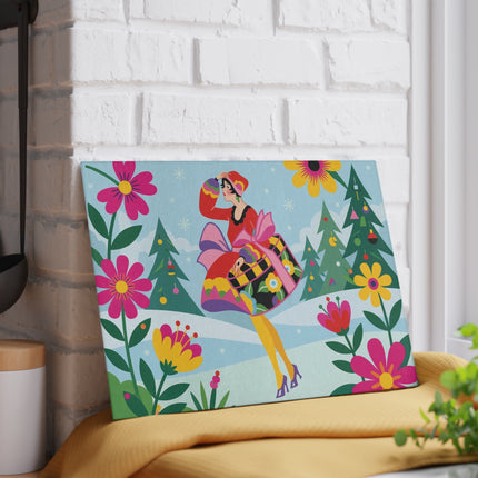 🌸❄️ The Lady Of The Colorful Winter Garden Glass Cutting Board – Art Deco Holiday Fantasy