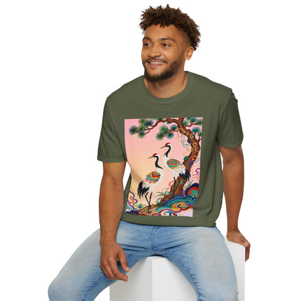 🐦🌸 The Enchanted Crane Garden Softstyle T-Shirt – Oriental Elegance & Colorful Harmony