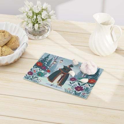 🏮❄️ The Winter Lantern Promenade Glass Cutting Board – Art Deco Holiday Fantasy