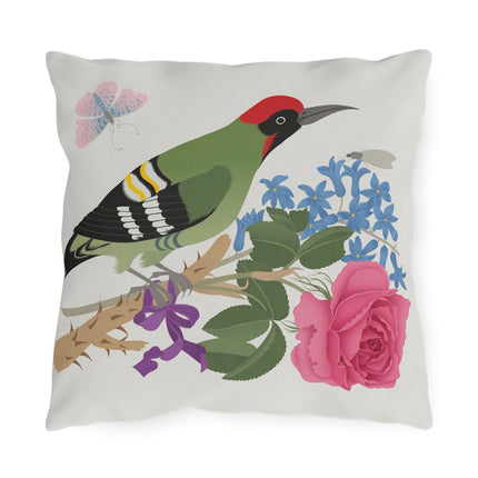 Woodpecker & Rose Outdoor Pillows – Vibrant Nature & Timeless Charm