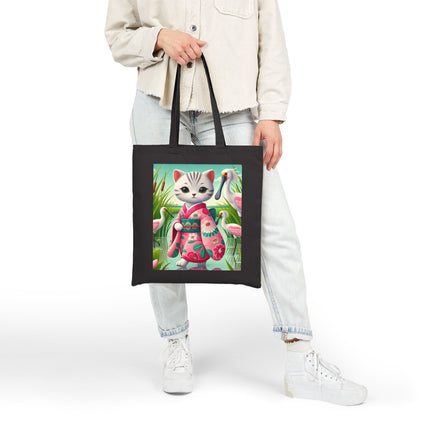 Geisha Kitten Strolls Among the Spoonbills Cotton Canvas Tote Bag – Serene Grace & Marshland Wonder