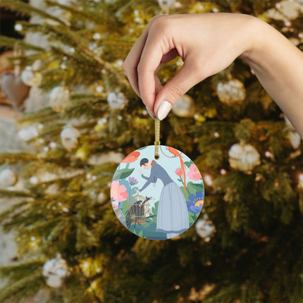 🪶🌸 The Lady And The Mysterious Bird Glass Ornament – Art Deco Botanical Mystery