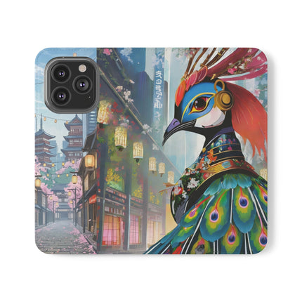 🦚🌸 Techno Plumes Peacock Flip Case – Neon Elegance & Sakura Dreams