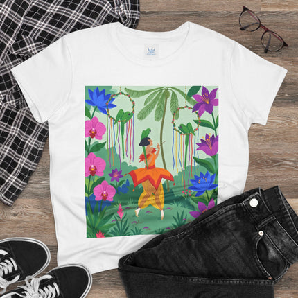 🌺🦜 The Tropical Garden Serenade Cotton Tee – Colorful Art Deco Fantasy
