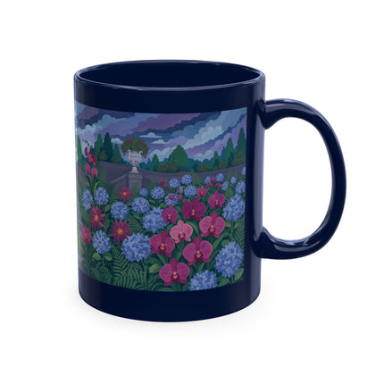 🦚🌸 The Lady & The Peacock On The Garden Steps Ceramic Mug – Art Deco Garden Elegance