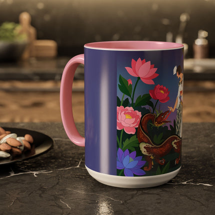 The Lady And The Garden Dragon Colorful Mugs – Art Deco Mythical Botanical Elegance