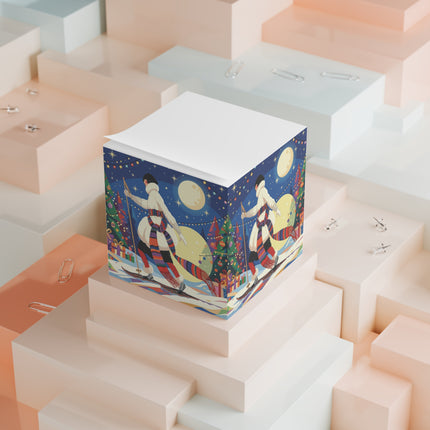 🌙🎿 The Moonlit Christmas Skier Note Cube – Art Deco Holiday Adventure