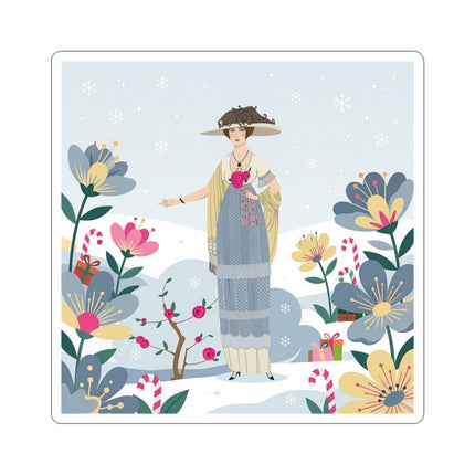 🌹❄️ The Lady Of The Winter Rose Garden Kiss-Cut Sticker – Art Deco Holiday Fantasy