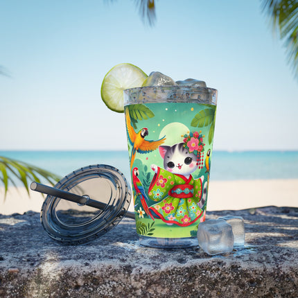 Parrot Dance of the Geisha Kitten Sunsplash Tumbler with Straw, 16oz