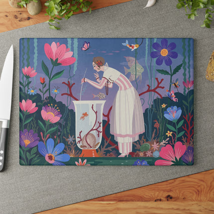 🐠🌸 The Lady Of The Enchanted Aquarium Glass Cutting Board – Art Deco Underwater Garden Fantasy