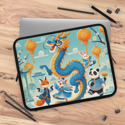 Blue & Gold Dragon Festival Parade Laptop Sleeve – Joyful Celebration & Cultural Magic