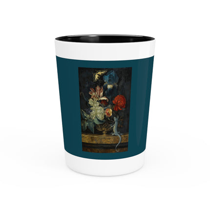 A Still Life with Tulips and Other Flowers in a Vase on a Marble Ledge by Willem van Aelst Ceramic Shot Glass