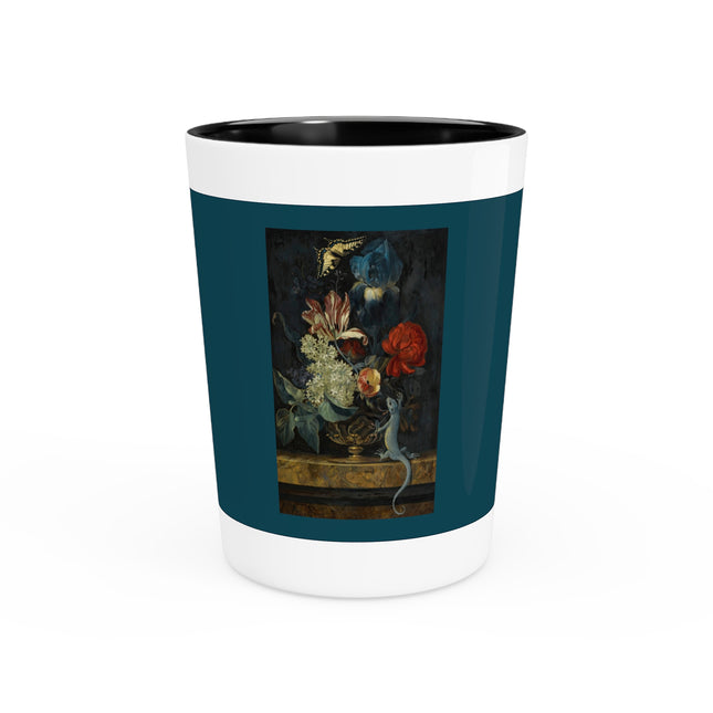 A Still Life with Tulips and Other Flowers in a Vase on a Marble Ledge by Willem van Aelst Ceramic Shot Glass
