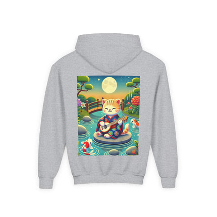 Melodic Kitten by the Koi Pond Youth Hooded Sweatshirt – Peaceful Harmony & Playful Music