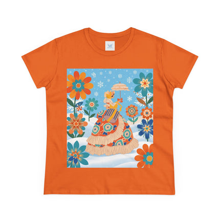 🌼❄️ The Winter Parasol Lady Cotton Tee – Art Deco Floral Fantasy