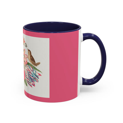 Pair of brown birds on bouquet with tulip, rose, and snapdragons, with butterflies by AnonymousAccent Coffee Mug, 11oz
