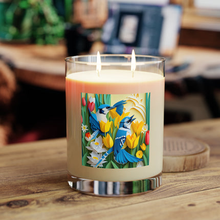 Blue Jays in a Spring Garden Scented Candle - Full Glass, 11oz - The White Tea & Fig, The Lavender & Sage, and The Ocean Mist & Moss