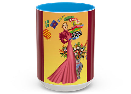 Elegant Holiday Woman with Gifts Colorful Mugs (11oz, 15oz)