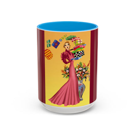 Elegant Holiday Woman with Gifts Colorful Mugs (11oz, 15oz)