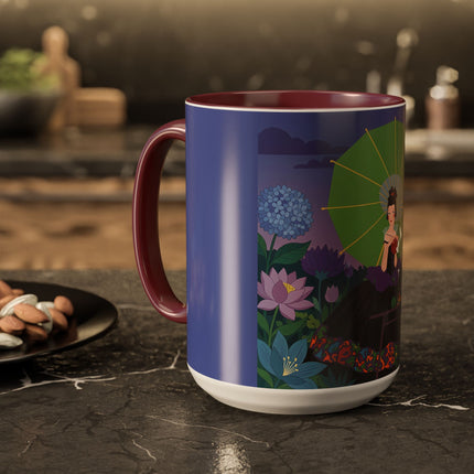 The Lady Of The Moonlit Needlework Colorful Mugs – Art Deco Crafting Elegance