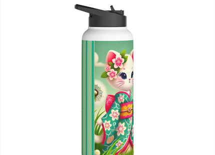Geisha Kitten and the Dandelion Wish Stainless Steel Water Bottle, Standard Lid