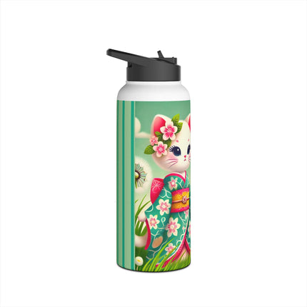Geisha Kitten and the Dandelion Wish Stainless Steel Water Bottle, Standard Lid