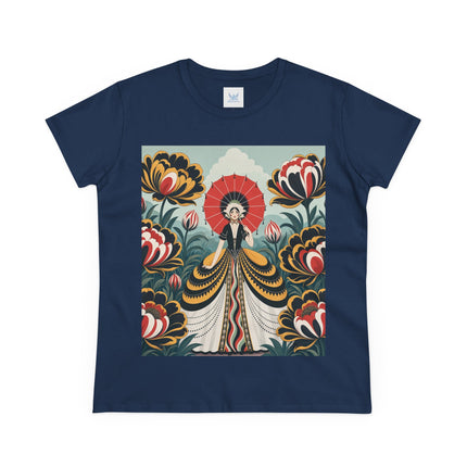 ❤️🌺 The Scarlet Parasol Garden Cotton Tee – Art Deco Floral Elegance