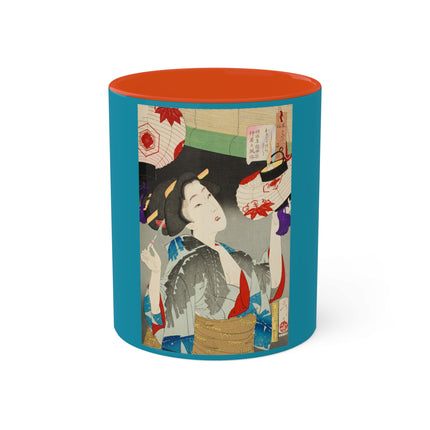 Looking Observant; The Appearance of a Kyoto Waitress of the Meiji Era by Tsukioka Yoshitoshi Colorful Mugs, 11oz