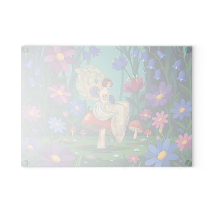 🧚🍄 The Lady Of The Enchanted Mushroom Garden Glass Cutting Board – Art Deco Fairy Garden Fantasy