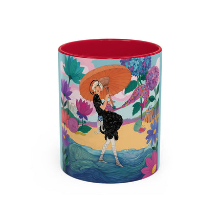 The Lady Of The Coral Parasol Colorful Mugs – Art Deco Coastal Elegance