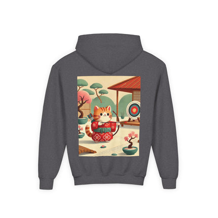 Archer Kitten in the Zen Garden Youth Hooded Sweatshirt – Calm Focus & Playful Strength