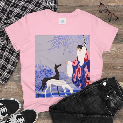 🦌🌸 The Lady Of The Graceful Deer Cotton Tee – Art Deco Garden Elegance