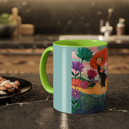 The Lady Of The Coral Parasol Colorful Mugs – Art Deco Coastal Elegance
