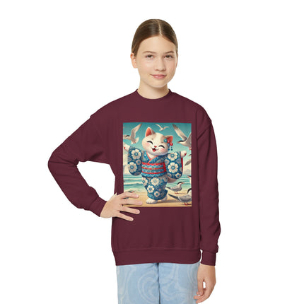 Geisha Kitten by the Seaside Youth Crewneck Sweatshirt – Coastal Charm, Joy & Whimsical Elegance