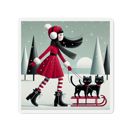Red Sled & Curious Cats Die-Cut Magnets (5 Sizes)