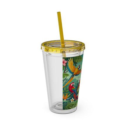 Parrot Dance of the Geisha Kitten Sunsplash Tumbler with Straw, 16oz