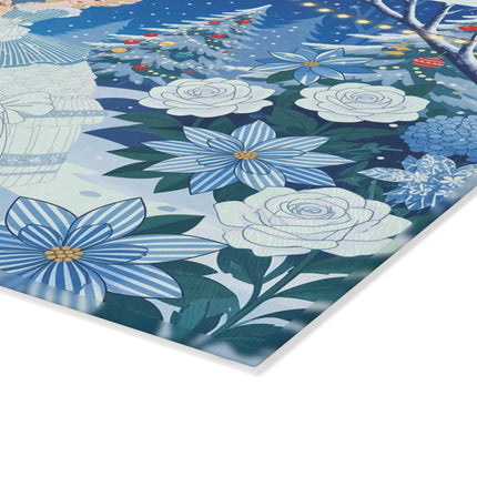 ❄️🌹 The Lady Of The Winter Rose Garden Glass Cutting Board – Art Deco Holiday Elegance
