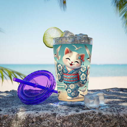 Geisha Kitten by the Seaside Sunsplash Tumbler with Straw, 16oz