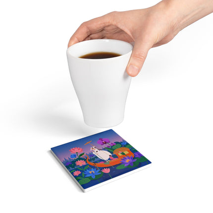 🪷🛶 The Lady Of The Lotus Lake Ceramic Coaster – Art Deco Garden Voyage