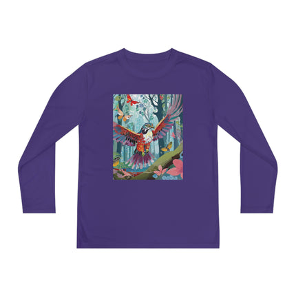 A Colorful Raptor Youth Long Sleeve Competitor Tee – Dino Adventure & Forest Wonder