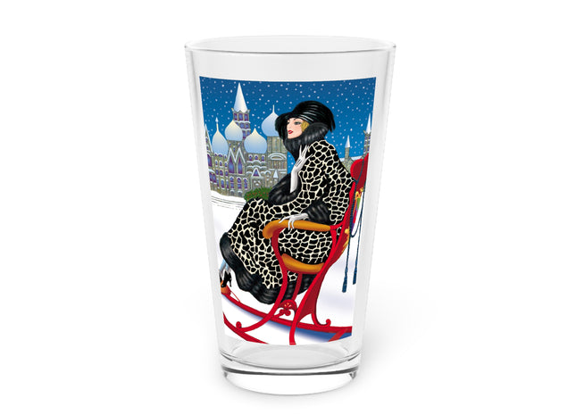 Elegant Winter Woman in Sleigh Glass, 16oz