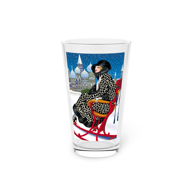 Elegant Winter Woman in Sleigh Glass, 16oz